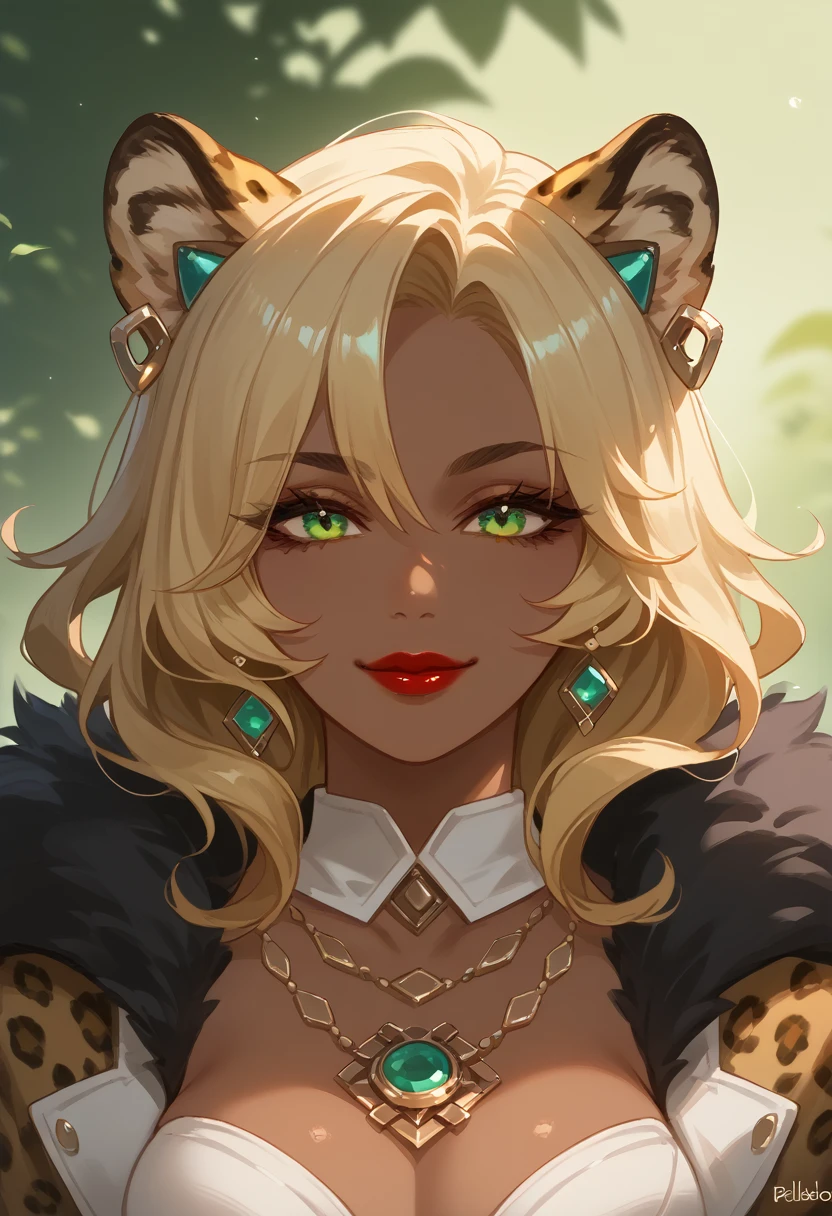 xilonen-gi, green eyes,blonde hair,animal ears,leopard girl, dark-skinned female, looking at viewer, red lips, smile, solo, upper body