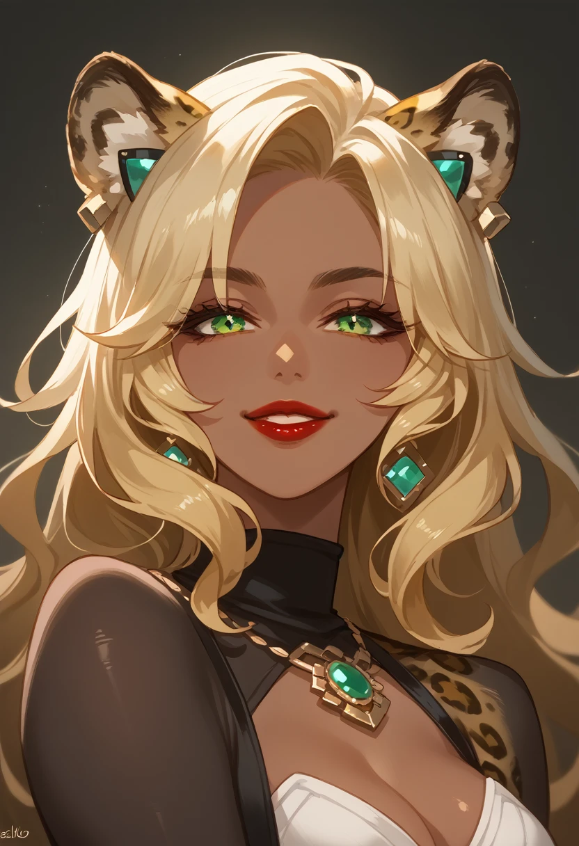 xilonen-gi, green eyes,blonde hair,animal ears,leopard girl, dark-skinned female, looking at viewer, red lips, smile, solo, upper body