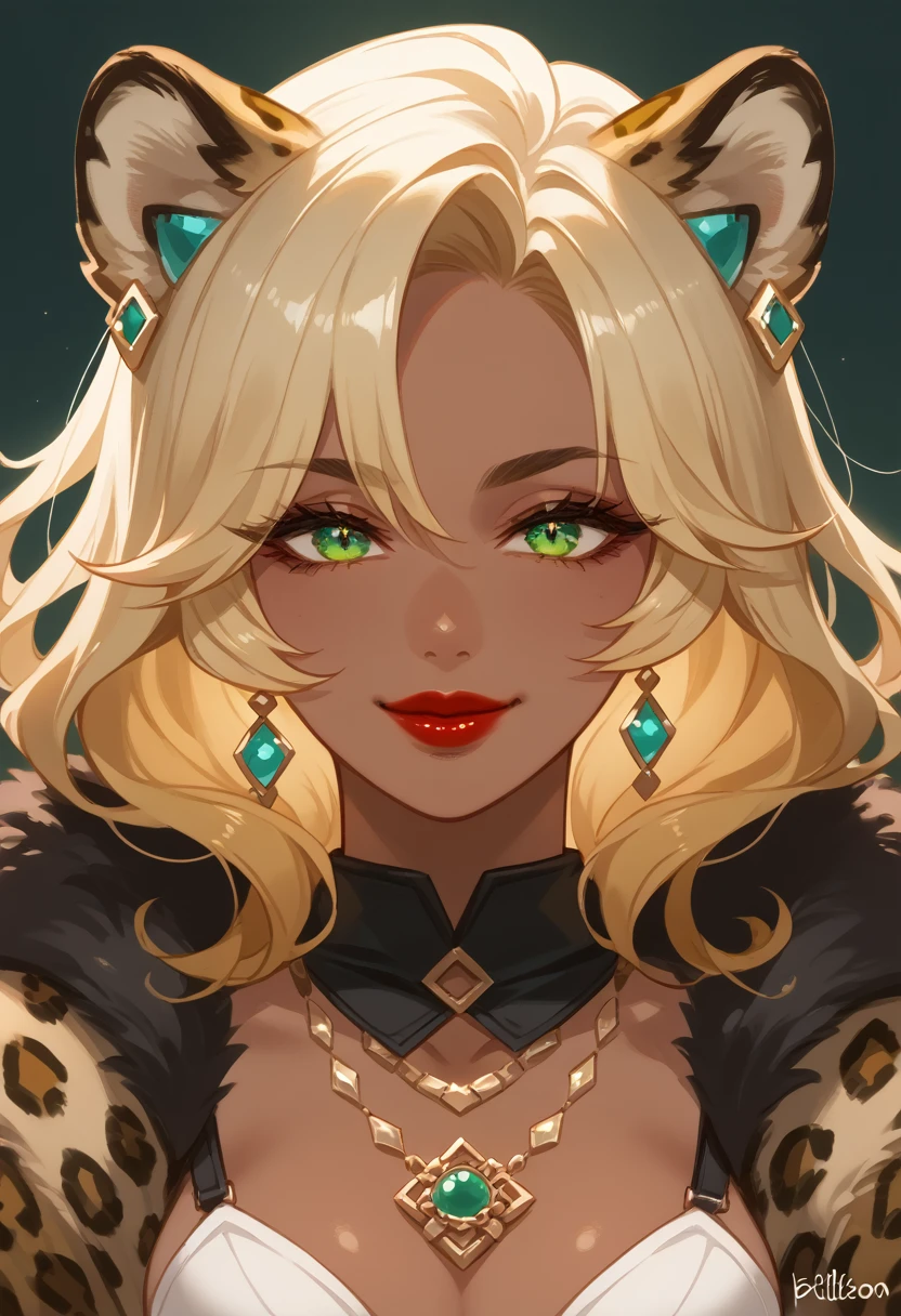 xilonen-gi, green eyes,blonde hair,animal ears,leopard girl, dark-skinned female, looking at viewer, red lips, smile, solo, upper body