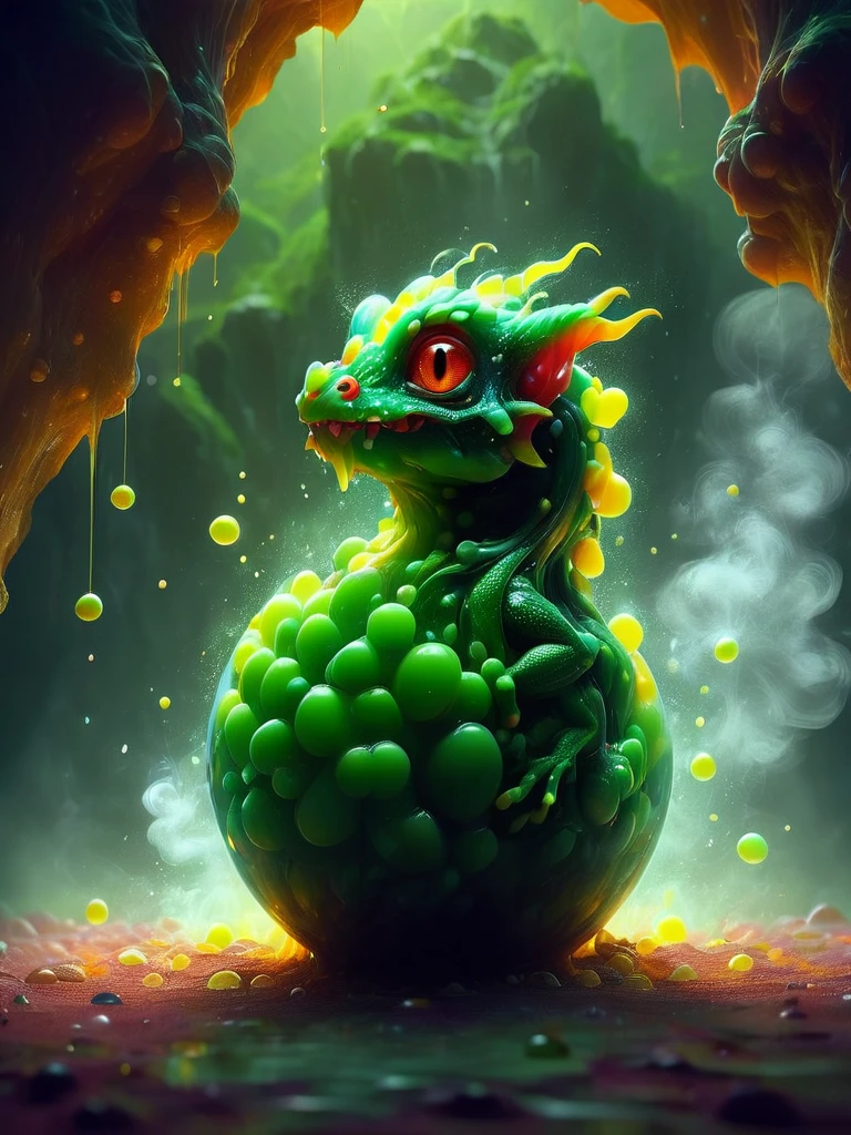 realistic photo of a little dragon, big eyes, just hatched, green skin, looking out of his egg, in a cave, photorealistic, hyperrealism, 64k, cinamatic light, smoke, bubbles, acidzlime 