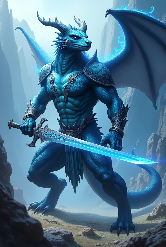 Blue dragon man with sword