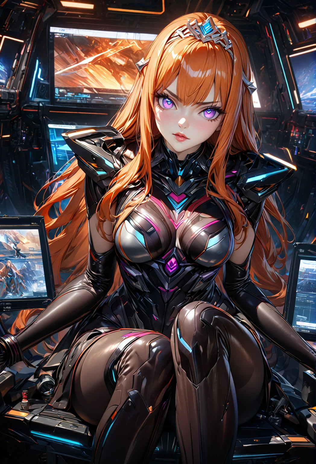 8k uhd, 1girl, perfect skin, detailed clothes, perfect eyes, (best quality,4K,8K,highres,masterpiece:1.2),ultra-detailed,,highly detailed face, extremely detailed eyes and face, long eyelashes, beautiful detailed eyes, beautiful detailed lips, concept art, cinematic lighting, vibrant colors, hyper-realistic, see-through impossible bodysuit, wrist cuffs elbow gloves, black pantyhose, violet eyes, long hair, sidelocks, orange hair,gundamwingcockpit, indoors, monitor, holgraphic screens, tiara, sitting, frowned brows, looking_at_viewer, joystick,seatbelt
