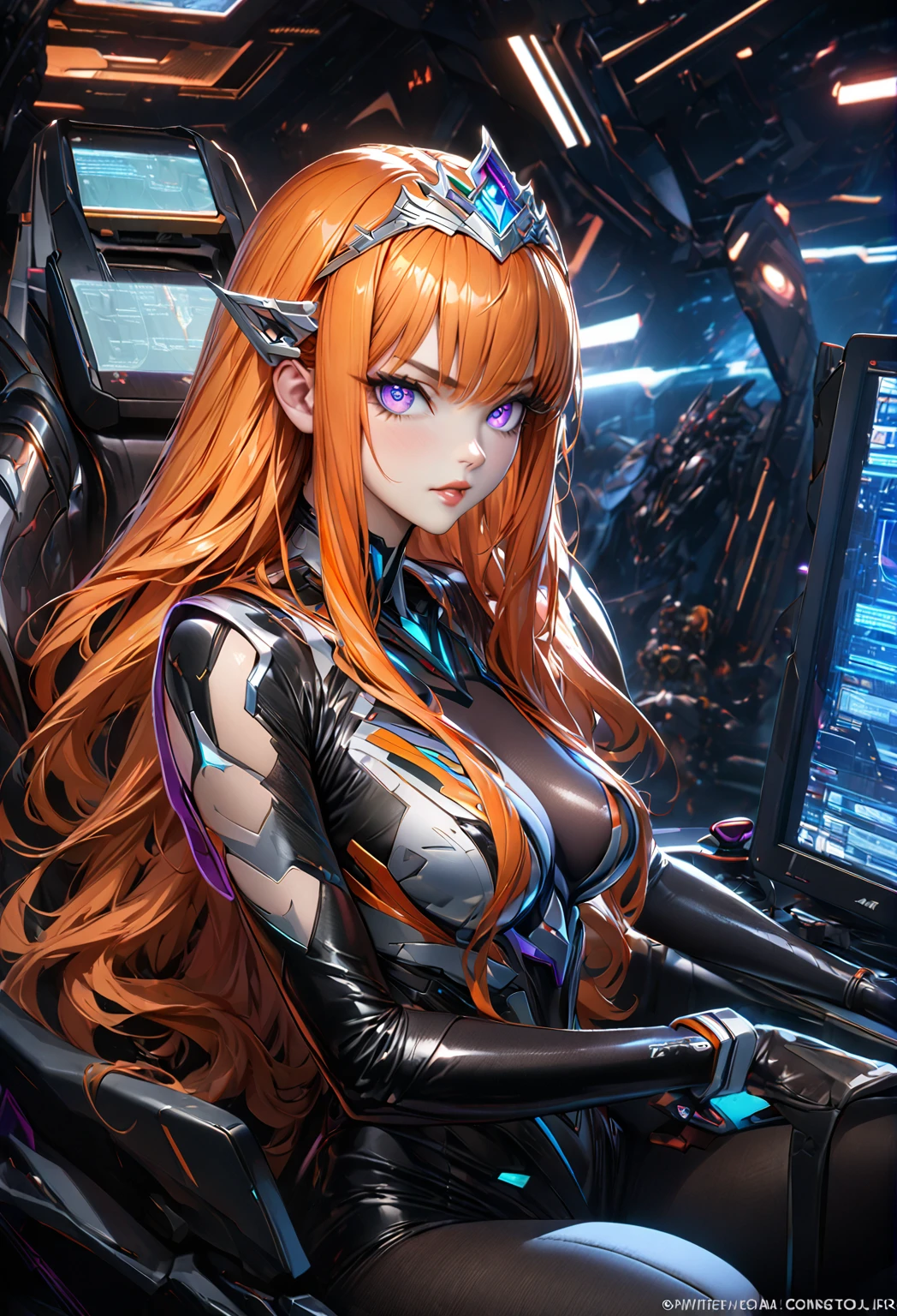 8k uhd, 1girl, perfect skin, detailed clothes, perfect eyes, (best quality,4K,8K,highres,masterpiece:1.2),ultra-detailed,,highly detailed face, extremely detailed eyes and face, long eyelashes, beautiful detailed eyes, beautiful detailed lips, concept art, cinematic lighting, vibrant colors, hyper-realistic, see-through impossible bodysuit, wrist cuffs elbow gloves, black pantyhose, violet eyes, long hair, sidelocks, orange hair,gundamwingcockpit, indoors, monitor, holgraphic screens, tiara, sitting, frowned brows, looking_at_viewer, joystick,seatbelt
