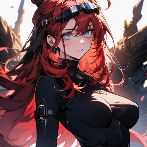 1girl,solo,girl wide hips, girl, blue eyes, hair ornament, ahoge,,Ghastly, large goggles, red hair ,blue eyes, hair bun, lips, black elbow gloves, red bodysuit, black thigh boots, belt,Facial expression