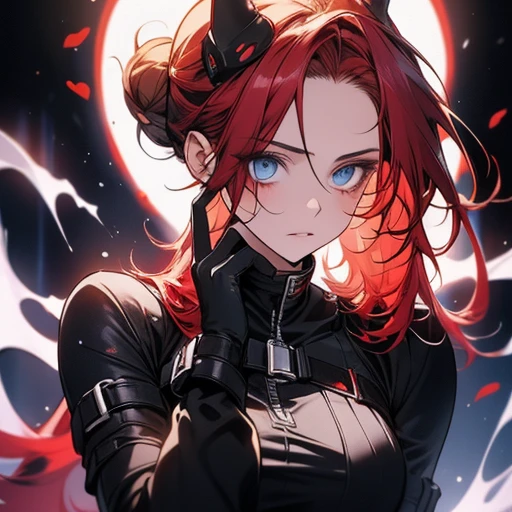 1girl,solo,girl wide hips, girl, blue eyes, hair ornament, ahoge,,Ghastly, large goggles, red hair ,blue eyes, hair bun, lips, black elbow gloves, red bodysuit, black thigh boots, belt,Facial expression