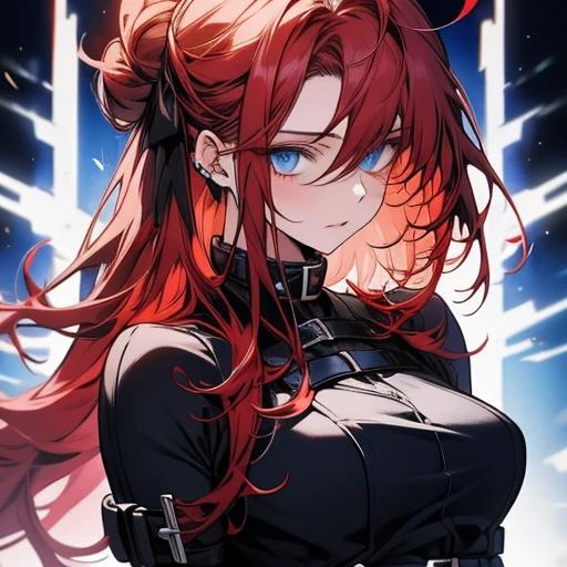 1girl,solo,girl wide hips, girl, blue eyes, hair ornament, ahoge,,Ghastly, large goggles, red hair ,blue eyes, hair bun, lips, black elbow gloves, red bodysuit, black thigh boots, belt,Facial expression