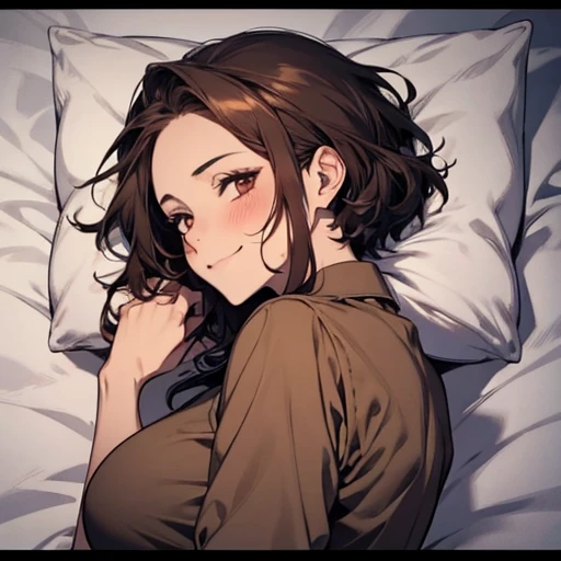 pov across bed,huge breasts, girl sleeping, male focus, a close up artwork of an anime character laying in a white bed, 1girl, solo,letterboxed, lying, under covers, blush, pillow, brown eyes, looking at viewer, smile, no headwear, brown hair, blue shirt, closed mouth, on bed,tomboy,mommy, big breasts, milf, elegant woman,ichiren_takushou