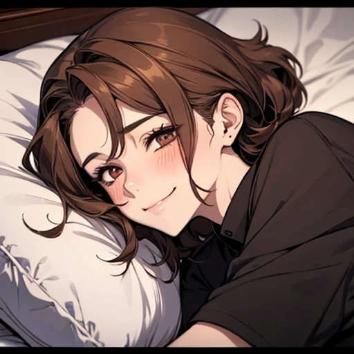 pov across bed,huge breasts, girl sleeping, male focus, a close up artwork of an anime character laying in a white bed, 1girl, solo,letterboxed, lying, under covers, blush, pillow, brown eyes, looking at viewer, smile, no headwear, brown hair, blue shirt, closed mouth, on bed,tomboy,mommy, big breasts, milf, elegant woman,ichiren_takushou