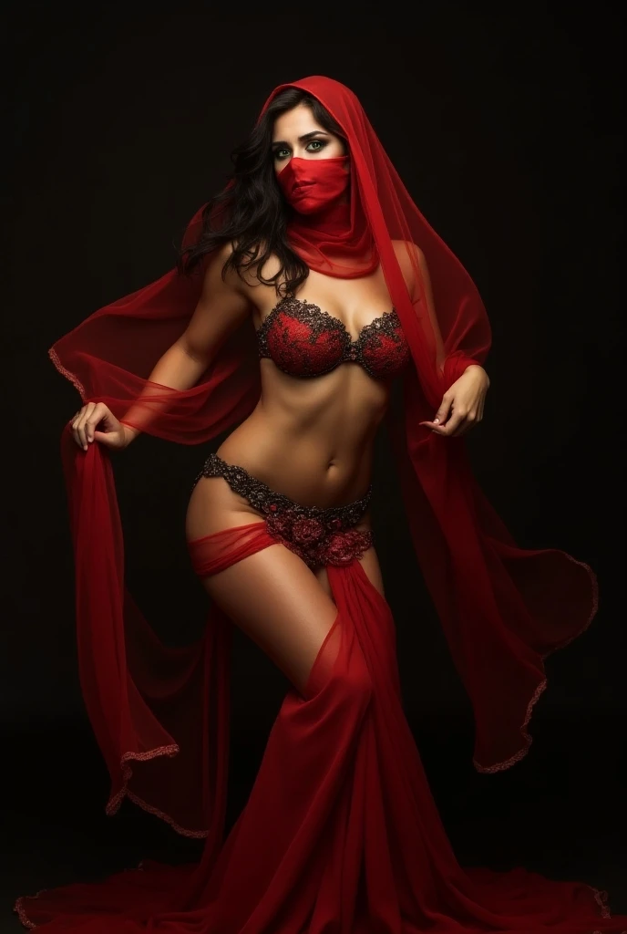 arafed woman in a black outfit and a black mask, cinematic goddess body shot, thicc, thick armor, samira from league of legends, flowing robes and leather armor, close up half body shot, ornate cosplay, stunning armor, ornate bikini armor, photogenic details on armor, inspired by Kanō Hōgai, bikini armour, kitsune inspired armor
