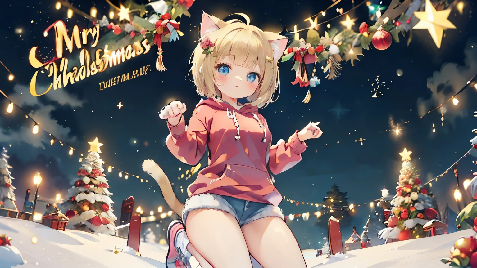 dynamic angle, dynamic pose, Blonde hair, (Graduation short hair:1.6), a girl in a pink hoodie, Christmas art style, Christmas theme, Christmas celebration, Christmas atmosphere, Christmas scene, Christmas night, detailed art in color, , Christmas wallpaper with reindeer, large view, kawacy, holy night, maplestory, short hair, bright blue eyes, big white hair ornament, (Blonde cat ears:1.6), pink hoodie, denim shorts, black sneakers, aqua blue eyes