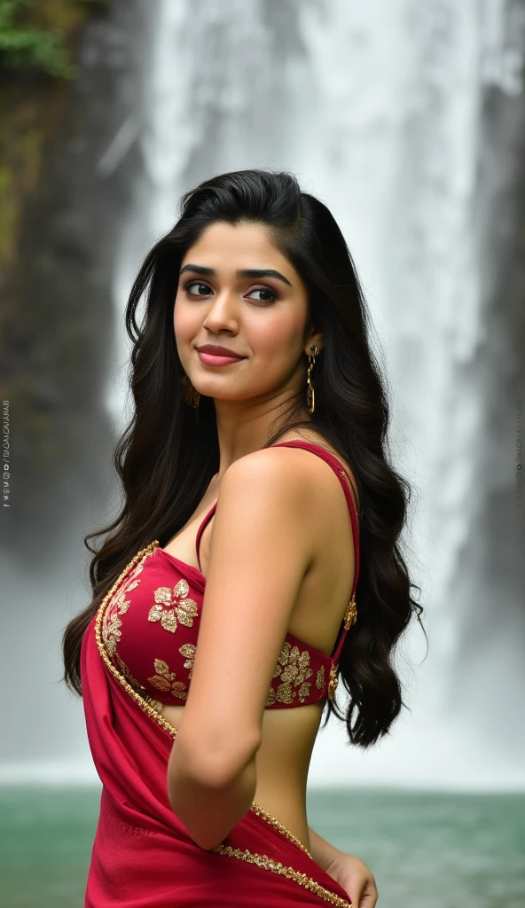 Kriti posing completely nude for a Playboy photoshoot in front of a waterfall on a sunny day, extremely detailed, high quality, photorealistic, beautiful skin, perfect proportions, detailed face, long hair, beautiful eyes, lush lips, elegant posing, waterfall scenery, sunlit, warm color tones, soft lighting, professional lighting, cinematic, masterpiece