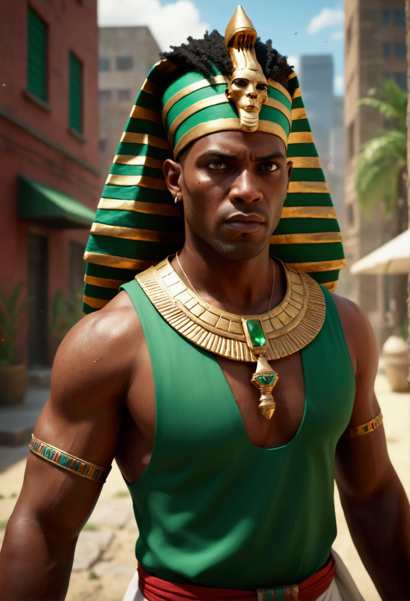 40 year old Trinidadian (black man), Trinidad ( dad body type. body high body..) sharp eyes..shave face. dark skin. man . Anger face. Open mouth. wear headband red with (thin white, medium black, thin white stripe). . wearing an (futuristic ancient Egyptian Pharaoh clothing, anger faces, Dramatic.. at city ,( camouflauge green)cargo pant,, detailed half skull face, cinematic lighting, dramatic atmosphere,.hot day. vibrant colors, 8k, high quality, photorealistic. Very strong. Future design dress. Very epic. Very dynamic background with.. dark sky. Very strong . . Flying floating glowing particles, Floating small rock small rock glowing green everywhere. have the power of the universe )) holding a glowing diamond-headed hammer in the left hand, right-hand harness power of the universe, upper tilt shift shoot photograpy. jump effect. panning effect. (( running/gliding effect.
