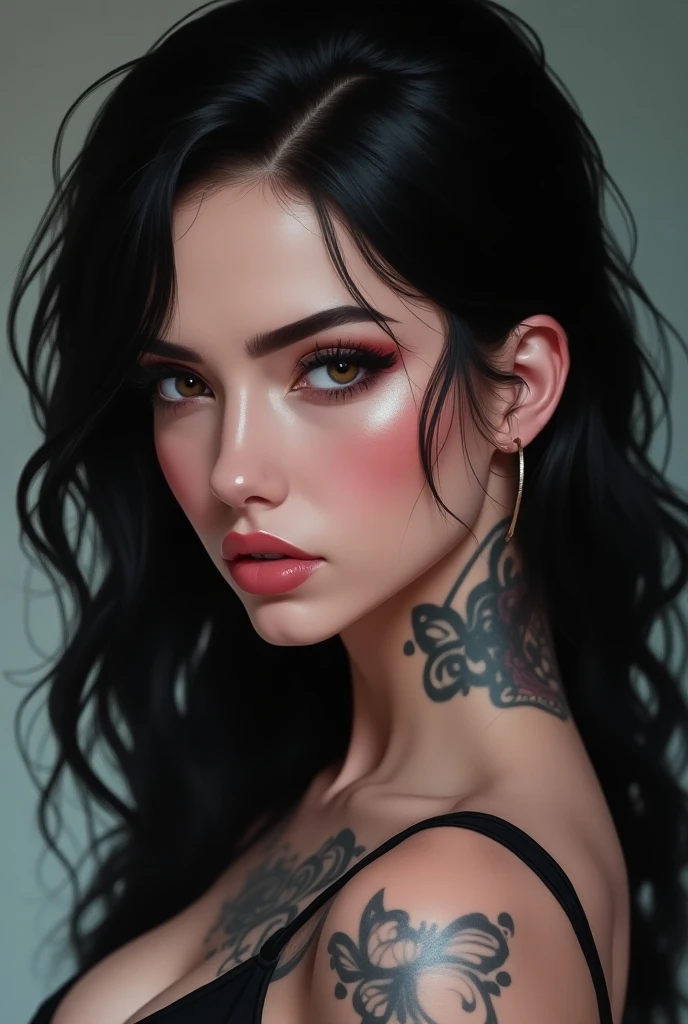 delicate woman, model face,diamond shape, gray-blue eyes black shadow, seductive look, long black hair with pink and white highlights, SEPTUM,earrings, tattooed, Naked showing her breasts