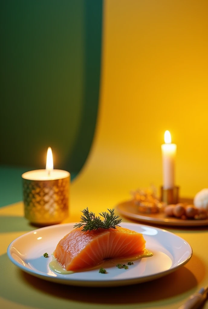 a multi layer photorealistic images of fancy gourmet ,the background layer should be solid color sheet with gradient half page green to yellow, the middle layer a piece of smoked salmon fillet stunning garnished on white porcelain plate, the foreground layer should be a candle stick in golden holder,dramatic light, shot with Canon EOS 2500D f/8 ISO 2000