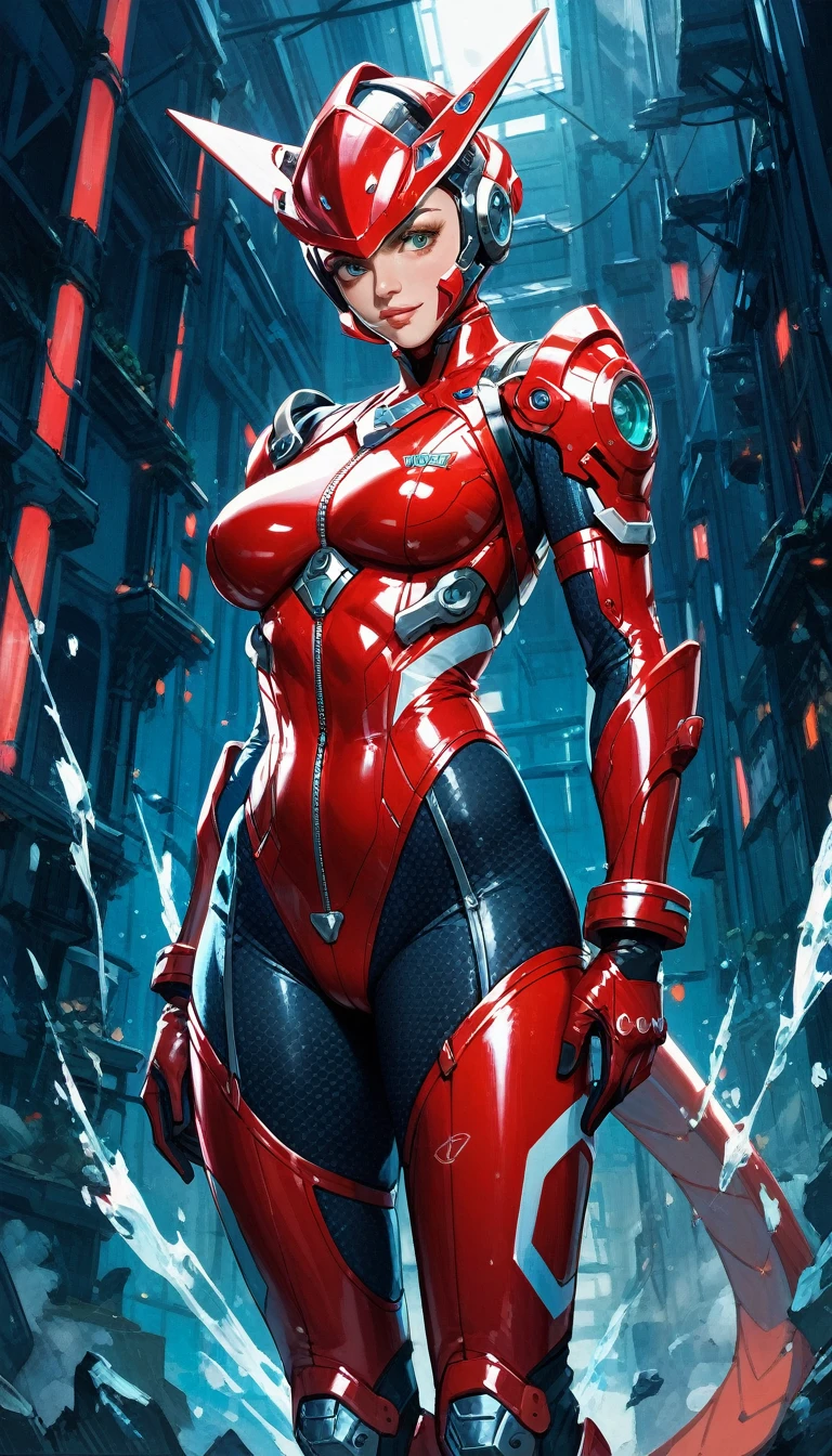 ((Best quality)), ((masterpiece)), (detailed: 1.4), A muscular 35-year-old Russian warrior woman almost naked in the Simon Bisley style for the cover of Heavy Metal magazine, bare thighs, tiny thong, navel, garter belt, super short blonde hair, clean face, Minimum clothing, red carbon fiber clothing in chevron pattern, (((red clothing))), (((short-cut))), ((Annie Lennox)), (((mature woman))),  full body, ((((tiny red thong )))