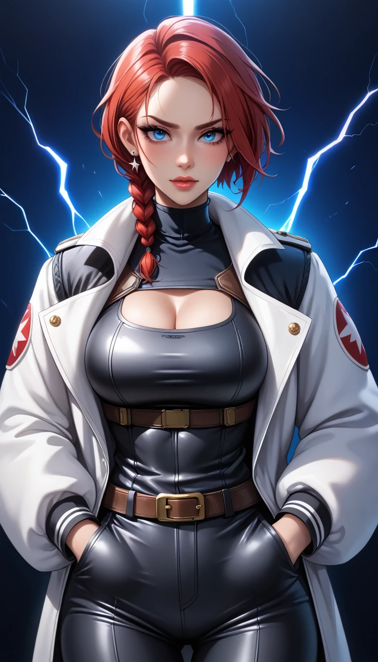 A woman in a red top and glasses is posing。, As a Tekken character, April Rendering, Asuka suit under clothes!, Asuka, Dead or Alive 6, Close up of intense gesture style, Fighting Pose, fighter pose, Natural pose, Fighting pose, fighting game character, Photorealistic Anime Rendering, King of Fighters character