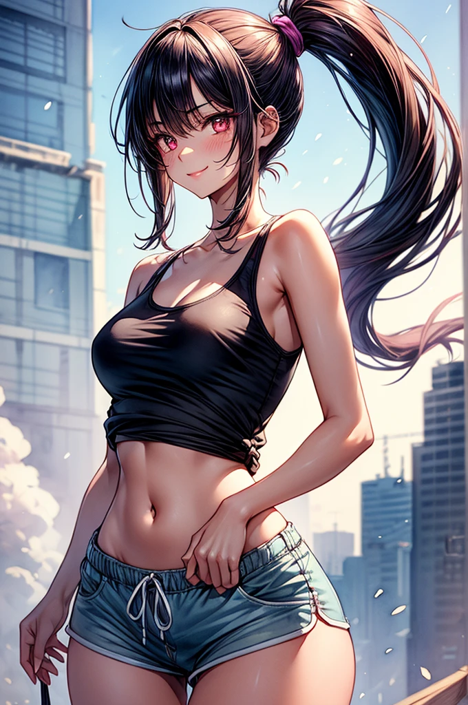 8K, Highest quality, Realistic, Photorealistic, solo, 1 girl, Optics, ​masterpiece, funny Face, Cute eyes,(Laughter:1.2), (Black hair and twin tails:1.3), Shiny Hair、Depth of written boundarys, Slender, (Pink camisole:1.3)、belly button、Interstrand、(Torn denim shorts:1.3)、(Her shorts are unbuttoned)、 Heart shaped kinky tattoo、生feet、street、Thighs Thighs Thighs Thighs, feet, Urban Background, (お腹uponに, Lower abdomen: 1.6),(Strong winds:1.4),(cloudy:1.2), 、(Crotch seam:1.3)、(Chick:1.2)、(upon:1.3)、(Cheeky little:1.3)、Red eyes、(tsurime:1.3)、Mole under right eye、She is showing her double tooth
 (masterpiece), Highest quality, Super detailed, 1024k UHD wallpaper, 超High resolution, Depth of written boundary, High resolution, Ray Tracing, RTTX 10.0, High saturation, High Contrast, Photon Mapping, The best texture, Best Competition Highly Detailed CG 1024k Wallpaper), Ultra HD, Perfect Face, Perfect Anatomy, Perfect hands, Perfect Fingers, (whole body),