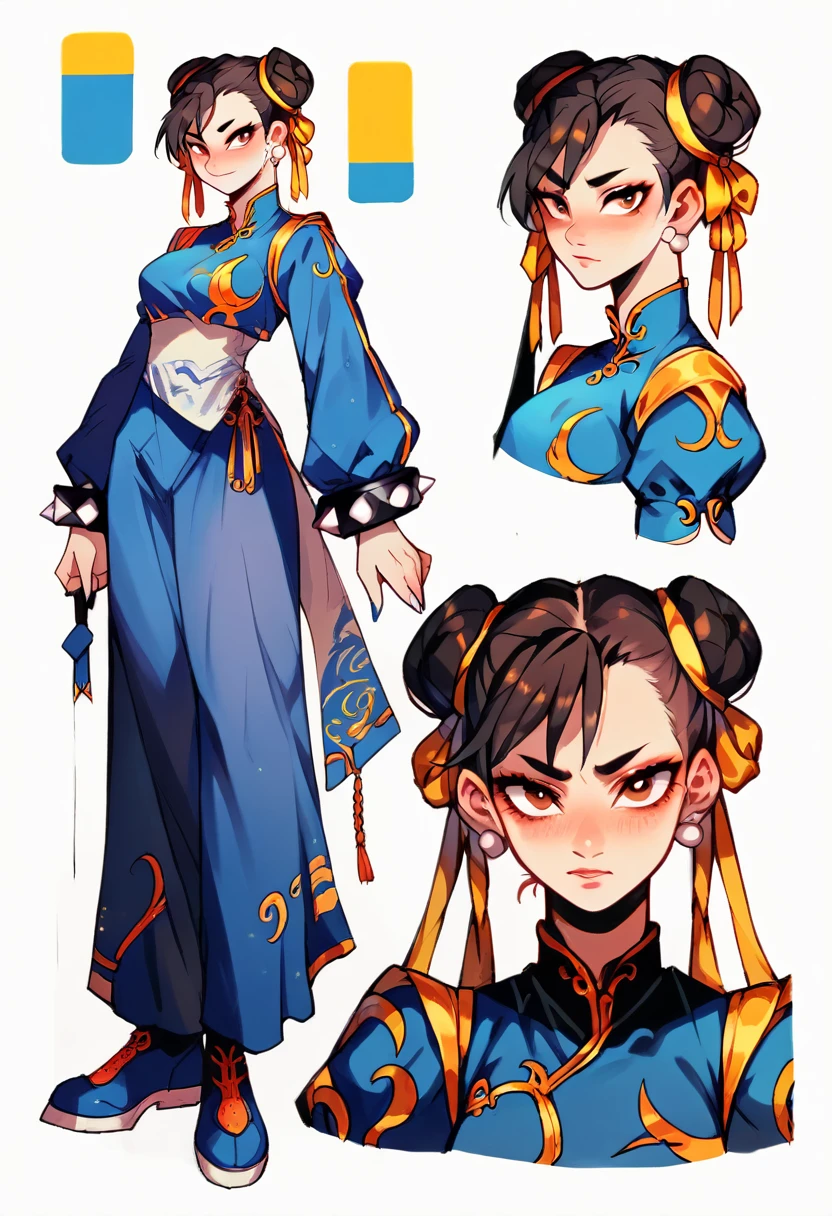 Chun li in a sult uniform ,Character Design Sheet HELPER 3-PERSPECTIVES COLOR PALETTE - FLUX SD 1.5 XL 