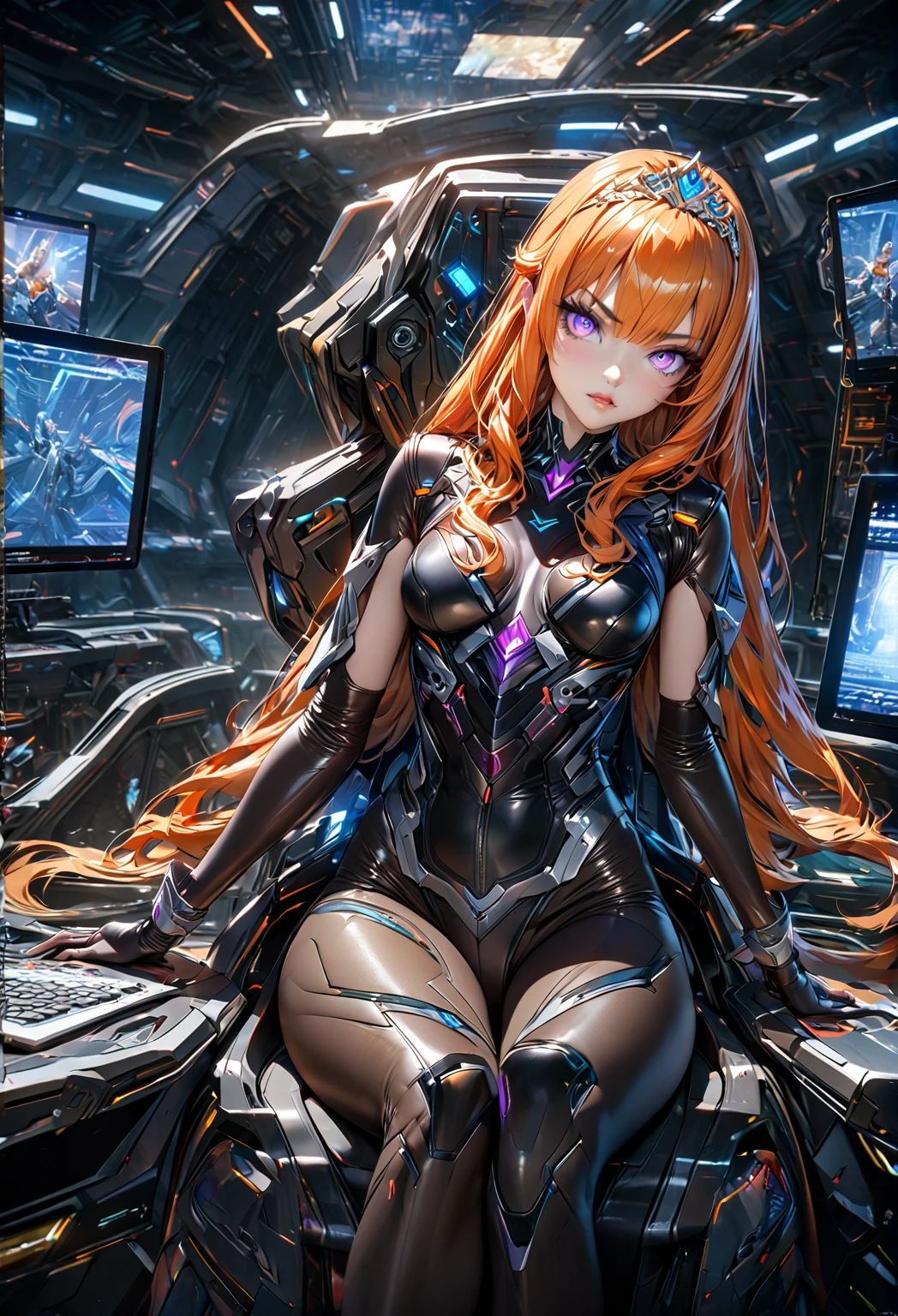 8k uhd, 1girl, perfect skin, detailed clothes, perfect eyes, (best quality,4K,8K,highres,masterpiece:1.2),ultra-detailed,,highly detailed face, extremely detailed eyes and face, long eyelashes, beautiful detailed eyes, beautiful detailed lips, concept art, cinematic lighting, vibrant colors, hyper-realistic, see-through impossible bodysuit, wrist cuffs elbow gloves, black pantyhose, violet eyes, long hair, sidelocks, orange hair,gundamwingcockpit, indoors, monitor, holgraphic screens, tiara, sitting, frowned brows, looking_at_viewer, joystick,seatbelt
