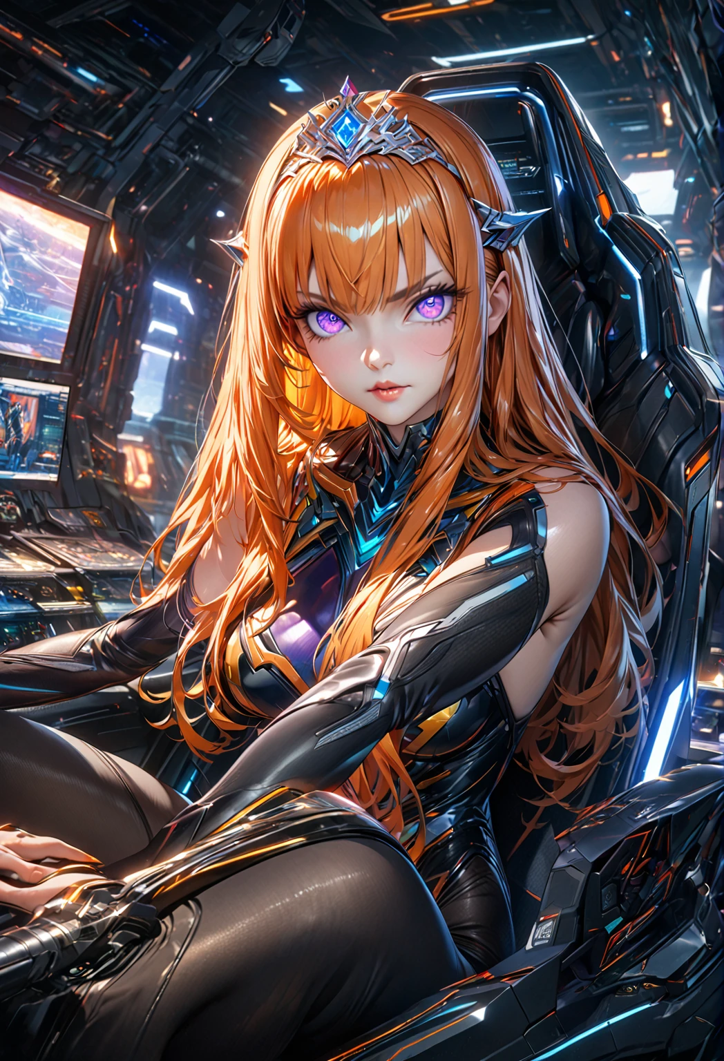 8k uhd, 1girl, perfect skin, detailed clothes, perfect eyes, (best quality,4K,8K,highres,masterpiece:1.2),ultra-detailed,,highly detailed face, extremely detailed eyes and face, long eyelashes, beautiful detailed eyes, beautiful detailed lips, concept art, cinematic lighting, vibrant colors, hyper-realistic, see-through impossible bodysuit, wrist cuffs elbow gloves, black pantyhose, violet eyes, long hair, sidelocks, orange hair,gundamwingcockpit, indoors, monitor, holgraphic screens, tiara, sitting, frowned brows, looking_at_viewer, joystick,seatbelt
