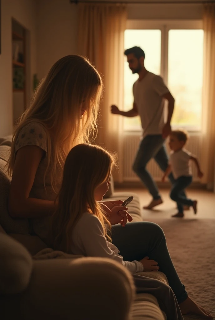 4 children, mom ,shadow image,getting ready for flight
