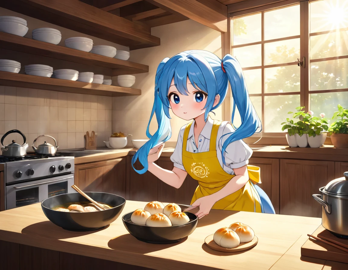  long light blue hair 、Beautiful girl with twin tails、Yellow apron、 A bright kitchen with sunlight shining in 、 There are lots of flowers by the window 、 They are making steamed pork buns 、 dynamic and charming pose  ,   soft sunlight pouring through the window  ,  Image quality is very important ,   Make sure the finished work has the best resolution and realism  .    cute gyoza drawn in Pixar style  .   The final prompt in this scene is  ,  harmonious combination of warm and cool colors .   The lighting in the scene highlights the beauty of the characters in the steamed pork bun ,   emitting subtle shadows and highlights  , Enhancing the three-dimensional effect .