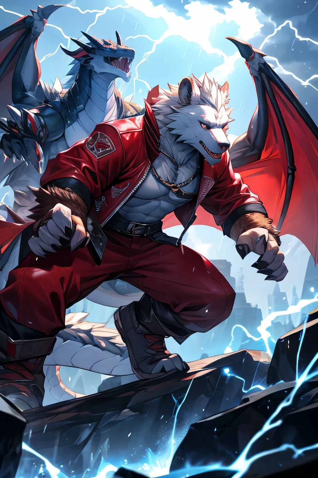 a white wolf with white furr wearing a red leather dragon varsity jacket with dragon features but hes still a bear with wind rain and lightning behind him with dragon imagery