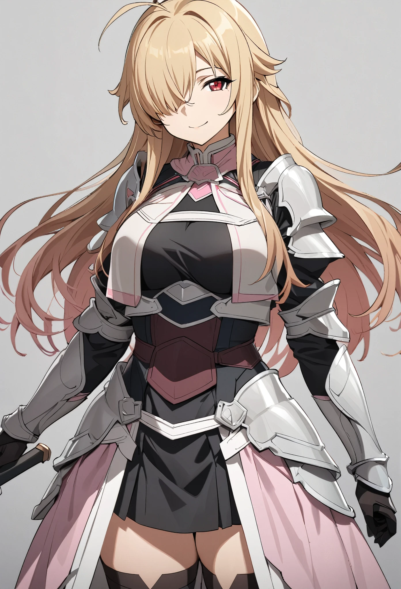 (high-quality, breathtaking),(expressive eyes, perfect face) 1girl, female, solo, mature, half open eyes, Alicization, Symmetrical Eyes, simple background, gentle smile, long hair, fantasy outfit, SAO inspired, maomao, armor, sword art online outfit, cowboy shot, medium full shot, light blonde hair, bangs, alluring red eyes, large breasts, knight attire, Bicep-high Gauntlets, Armored Boots, Thigh-high Heeled Boots, Armored Gauntlets, Adventurer gear, Skirt, black white and pink color palette, black clothes, light pink accents on clothes, hair between eyes, fluffy hair, half open eyes, hair over one eye, small Ahoge, pale blonde hair color, bright red eye color, straight hair, (NO braids in hair)