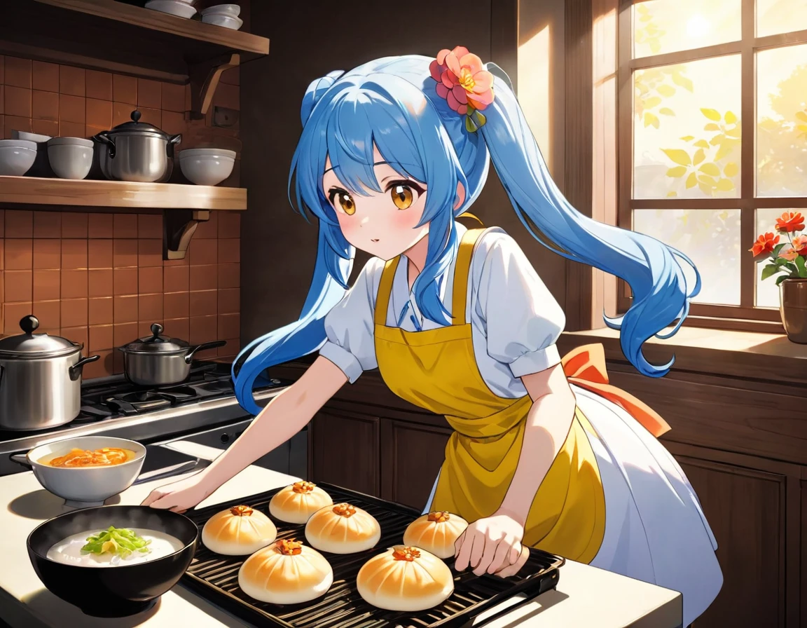  long light blue hair 、Beautiful girl with twin tails、Yellow apron、 A bright kitchen with sunlight shining in 、 There are lots of flowers by the window 、 They are making steamed pork buns 、 dynamic and charming pose  ,   soft sunlight pouring through the window  ,  Image quality is very important ,   The lighting in the scene highlights the beauty of the gyoza characters  .    cute gyoza drawn in Pixar style  .   The final prompt in this scene is  ,  harmonious combination of warm and cool colors .   The lighting in the scene highlights the beauty of the characters in the steamed pork bun ,   emitting subtle shadows and highlights  , Enhancing the three-dimensional effect .