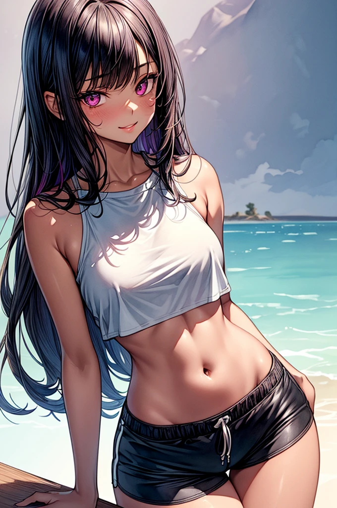 comic,anime,girl, black long hair, yellow eyes, 4k , high detaiked, masterpiece, Beach on the background with weaves, fine sand, sunrise,tattoo, wearing sunglasses, smile
