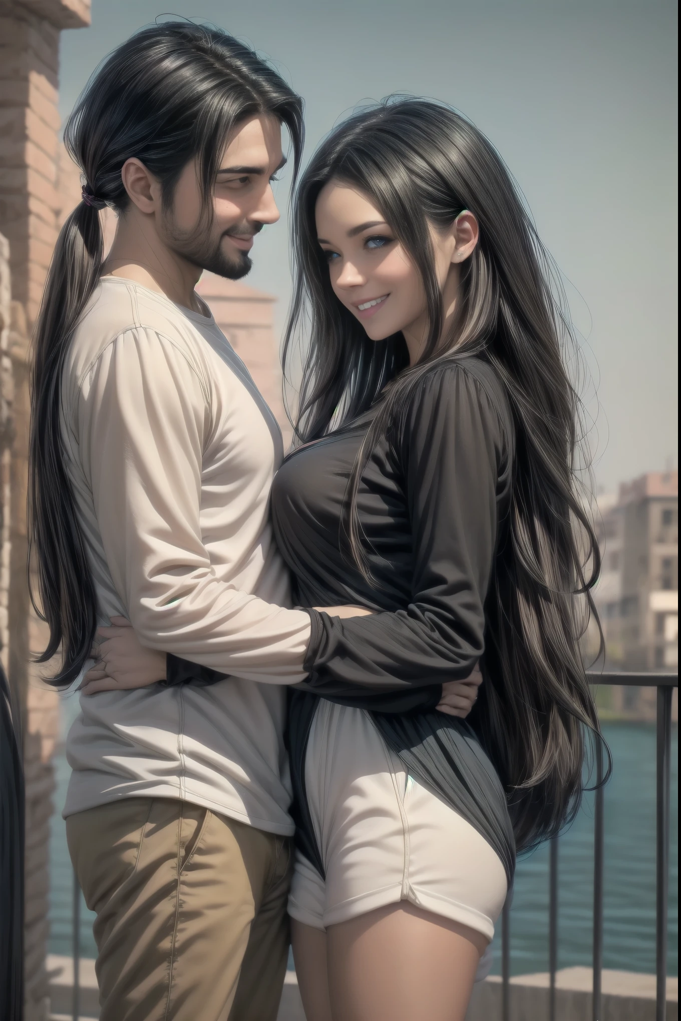 masterpiece , animated, cute, beautiful, romantic, The best quality , 2otros, couple, maduro, adult, height difference, different fashion, different color, Casual clothing, long sleeves, smile, happy, amar, rotating wind, blue sky, Man with long hair, Man with light brown hair, woman with black hair, woman with black hair