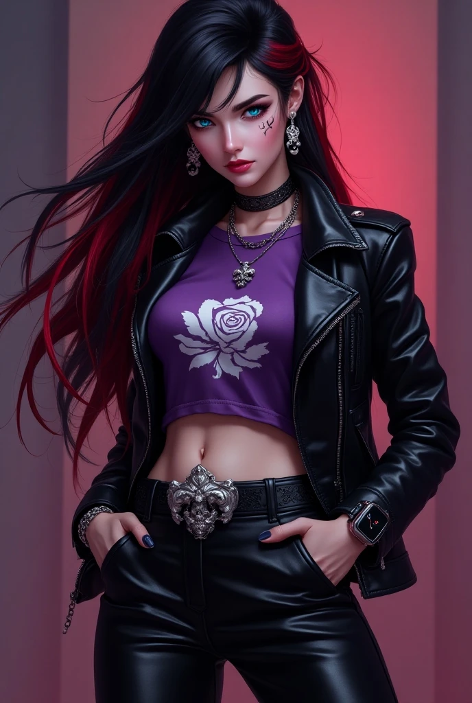 Loves, Loveeautiful clear background:1.2), High detail eyes , underdressing, Lace, latex, Pink, The purple, mint, blue, 's, lavender-colored hair, body piercing, Loves, Loves, Ultra-detailed hair, tmasterpiece, Best quality at best, high high quality, A high resolution, Detail Enhancement, ((most beautiful image in the world)), tmasterpiece, Best quality at best, high high quality, A high resolution, Detail Enhancement, ((The most beautiful image ), art by stjepan sejic, art by j scott campbell, Artist Gilliam March, Artwork by Sitmer Liu, 4K, A high resolution,High quality detailed, style of ::2.0 comic illustration style,high high quality, A high resolution, Detail Enhancement, 8K, k hd, Best quality at best, high high quality, A high resolution, Detail Enhancement, 8K, HighDynamicRange, Sharp focus, ultra - detailed, perfect litthing, , Plump, The hips are beautifully curved, Rochas, rock star, Cool,Black leather jacket , style of, peak, Cat's ears, cool bracelet, Collar, shorter pants, fishnets pantyhose, Heart print, inner strength,