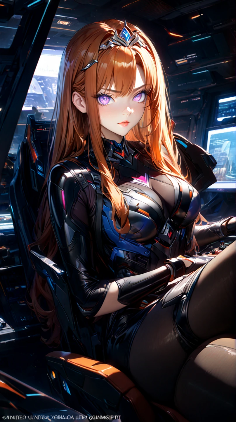 8k uhd, 1girl, perfect skin, detailed clothes, perfect eyes, (best quality,4K,8K,highres,masterpiece:1.2),ultra-detailed,,highly detailed face, extremely detailed eyes and face, long eyelashes, beautiful detailed eyes, beautiful detailed lips, concept art, cinematic lighting, vibrant colors, hyper-realistic, see-through impossible bodysuit, wrist cuffs elbow gloves, black pantyhose, violet eyes, long hair, sidelocks, orange hair,gundamwingcockpit, indoors, monitor, holgraphic screens, tiara, sitting, frowned brows, looking_at_viewer, joystick,seatbelt
