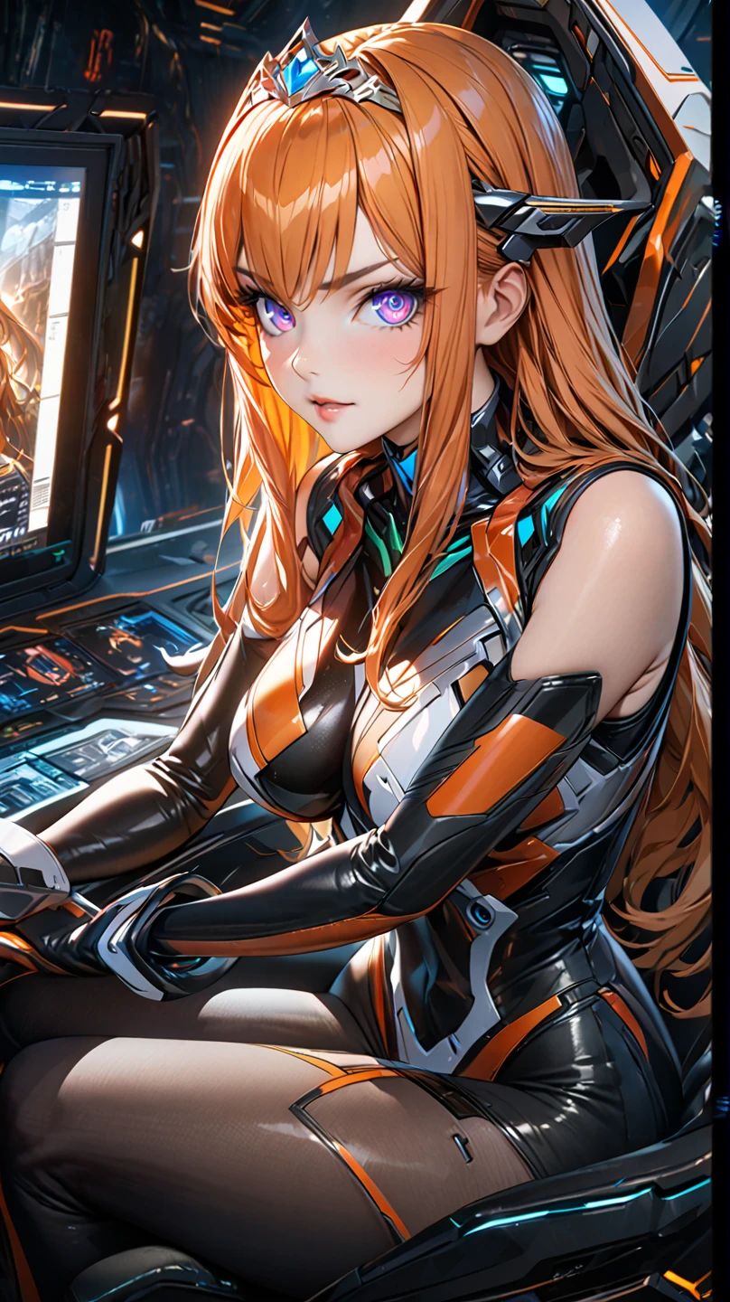 8k uhd, 1girl, perfect skin, detailed clothes, perfect eyes, (best quality,4K,8K,highres,masterpiece:1.2),ultra-detailed,,highly detailed face, extremely detailed eyes and face, long eyelashes, beautiful detailed eyes, beautiful detailed lips, concept art, cinematic lighting, vibrant colors, hyper-realistic, see-through impossible bodysuit, wrist cuffs elbow gloves, black pantyhose, violet eyes, long hair, sidelocks, orange hair,gundamwingcockpit, indoors, monitor, holgraphic screens, tiara, sitting, frowned brows, looking_at_viewer, joystick,seatbelt
