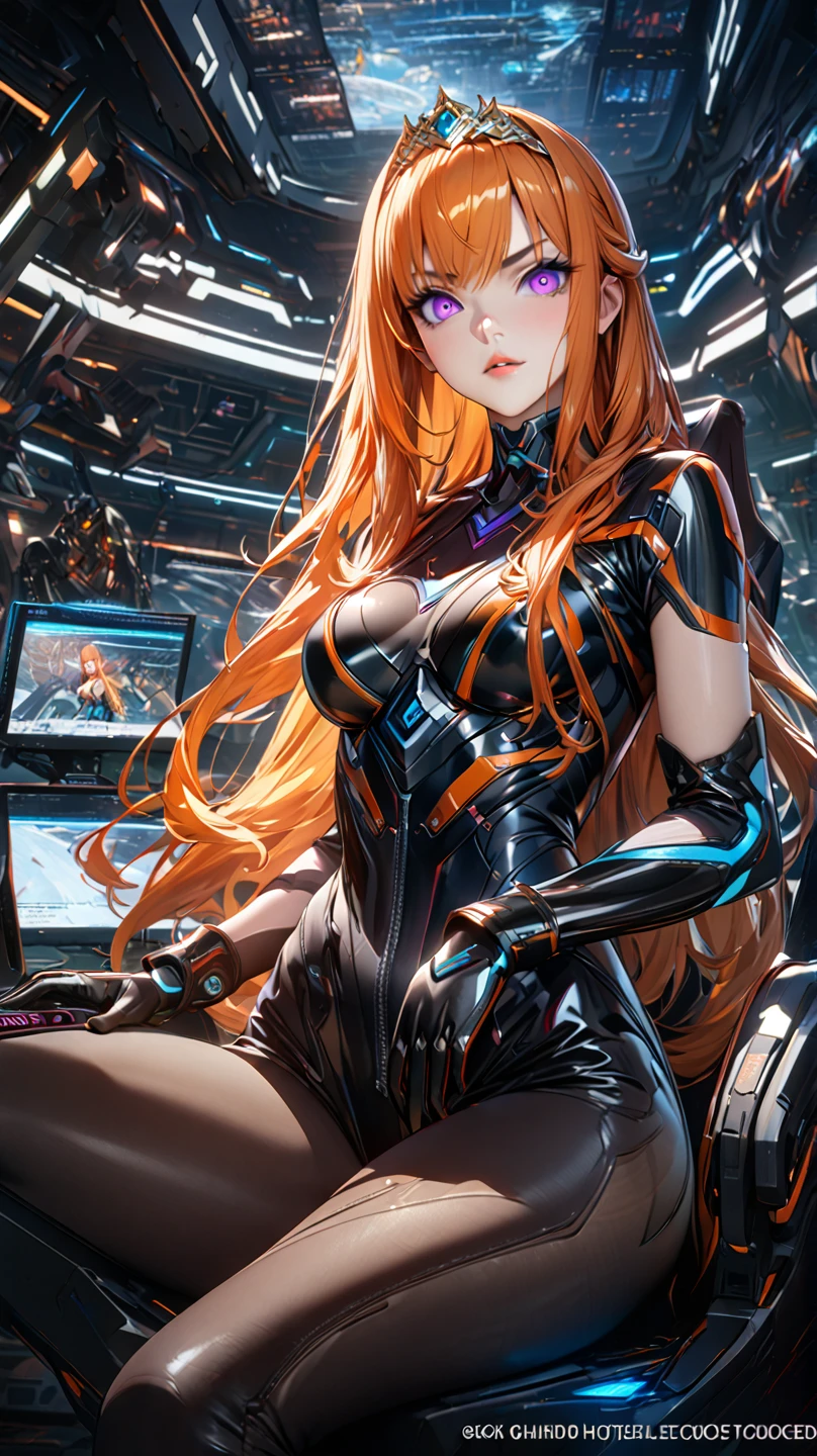 8k uhd, 1girl, perfect skin, detailed clothes, perfect eyes, (best quality,4K,8K,highres,masterpiece:1.2),ultra-detailed,,highly detailed face, extremely detailed eyes and face, long eyelashes, beautiful detailed eyes, beautiful detailed lips, concept art, cinematic lighting, vibrant colors, hyper-realistic, see-through impossible bodysuit, wrist cuffs elbow gloves, black pantyhose, violet eyes, long hair, sidelocks, orange hair,gundamwingcockpit, indoors, monitor, holgraphic screens, tiara, sitting, frowned brows, looking_at_viewer, joystick,seatbelt
