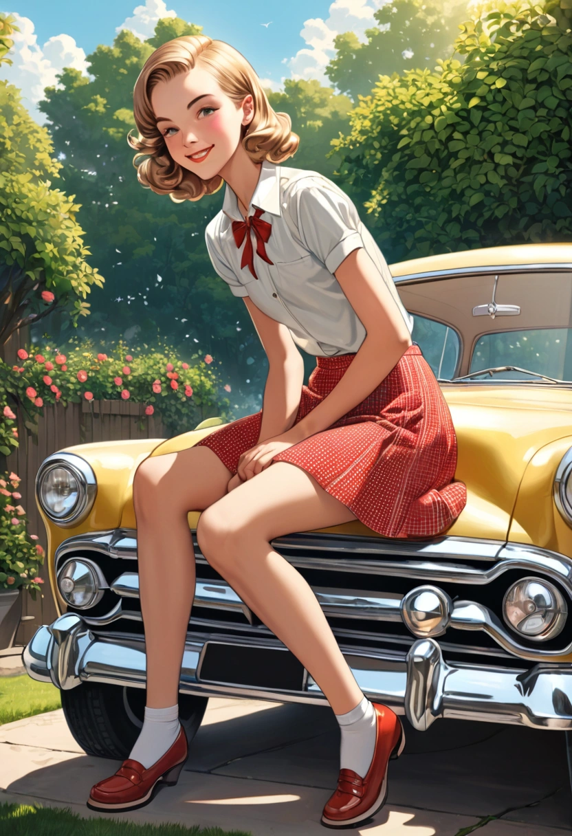 18 years old tall busty Marilyn Monroe with young boy 9 years old , sitting on the ground sheet hugging 9 years old boy , in front of a retro car, vintage, retro pin up style, sexy, detailed face, detailed hand and legs,, surprised, mini tight skirt on female, flowing skirt, colorful , Harmony color scheme, hyper realistic, photo realism, masterpieces art work, illustrated, mom and son romantic portrait, boy wearing vintage