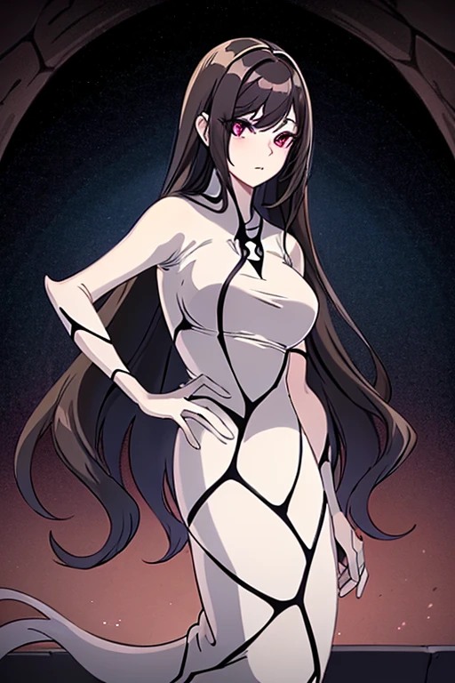 Fantasmatica waifu, with a long tight white dress , by the wide, ojos morados, black lipstick, long white hair blanco, big bust (adventure), high resolution 