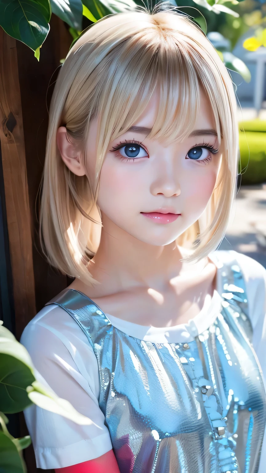 table top、highest quality、 super detailed、High resolution、8k wallpaper、perfect dynamic composition,、bedroom、detailed and beautiful eyes、(beautiful breasts:1.3) 、tits、teen girl、1 girl、pretty girl、beautiful girl、blonde hair、short hair、blue eyes、blue eyes、blue eyes、baby face、smile、smile