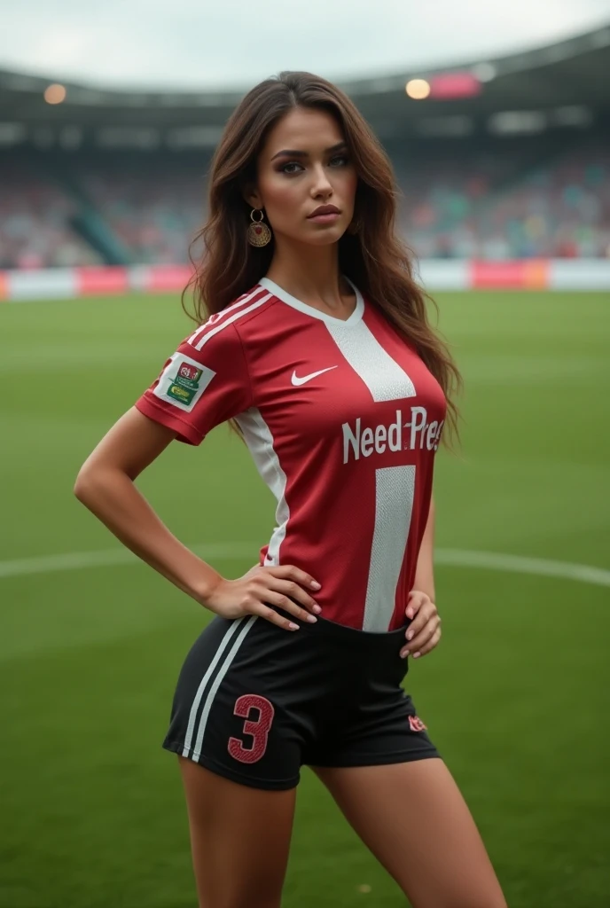 Beautiful Hungarian Football team fan girl in top with big bust, long yhair, in a football stadium seat