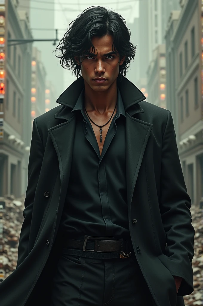 Handsome, realistic, muscular teenager
Tall with long black hair , with black clothes and handsome , beardless with a sad grayish background environment with his friends painting a colorful canvas , dressed all in black