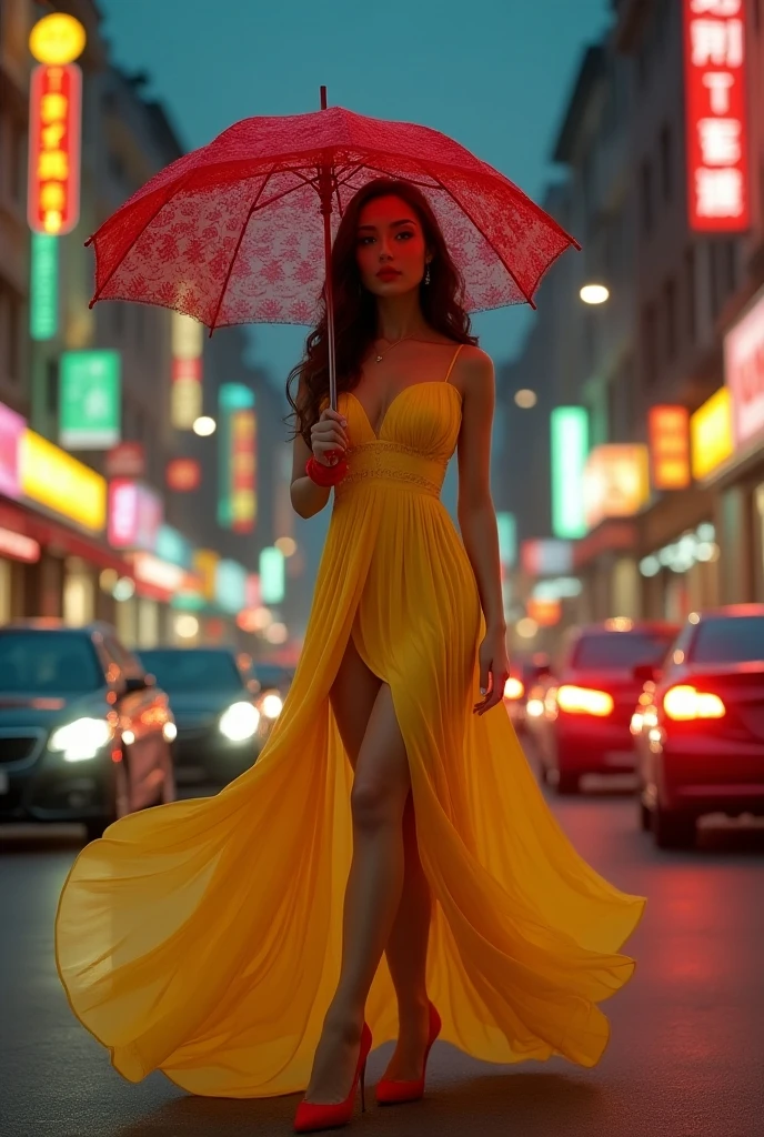 vietnamese gorgeous woman with wavy hair detailed alluring eyes Thigh gap long sexy legs wearing ao dai Vietnam in beautiful futuristic cyberpunk+ city, mist, wet, raining, best quality masterpiece, photorealistic, detailed, 8k, HDR, shallow depth of field, broad light, high contrast, backlighting, bloom, light sparkles, chromatic aberration, sharp focus, RAW color photo