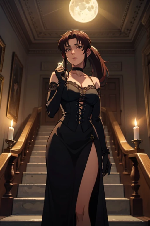 masterpiece, best quality, 1girl, solo, facing viewer,EPblRevy, long hair,ponytail,brown hair,brown eyes
BREAK
gothic dress, choker, lace gloves, victorian mansion, candlelit room, full moon night, grand staircase, mysterious gaze, holding vintage key, standing at top of staircase