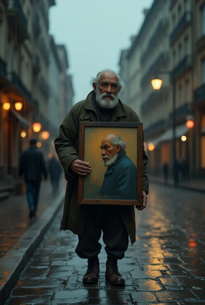 render an elderly painter carrying a painting on a rainy street