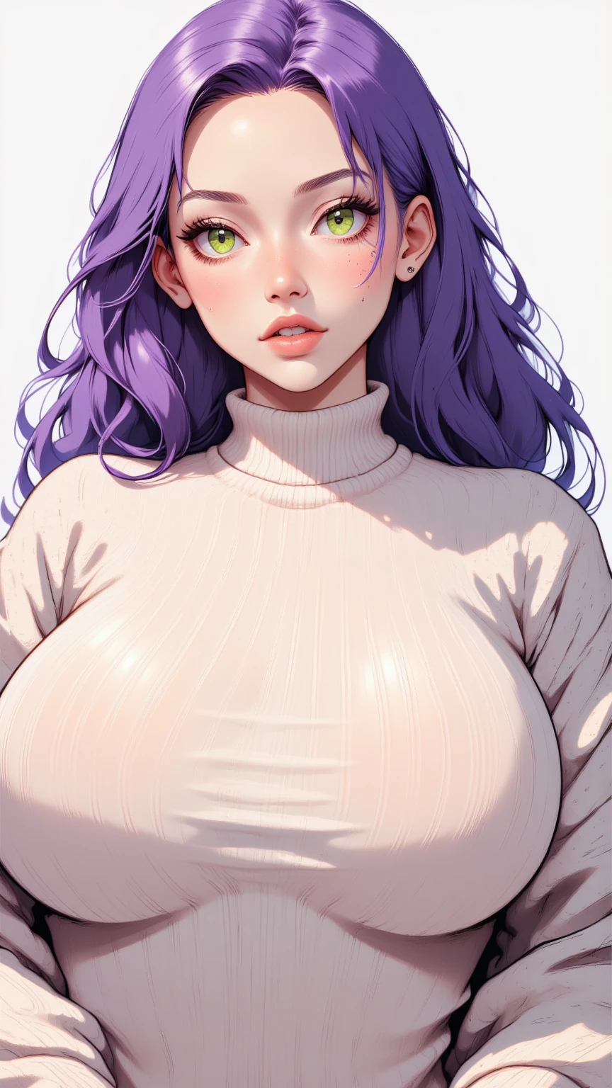 best quality, solo, 1girl, medusa, (purple eyes, glasses purple hair, long hair), (red lips), looking at viewer, (large breast), (turtleneck sweater, blue jeans, belt), cowboy shot,