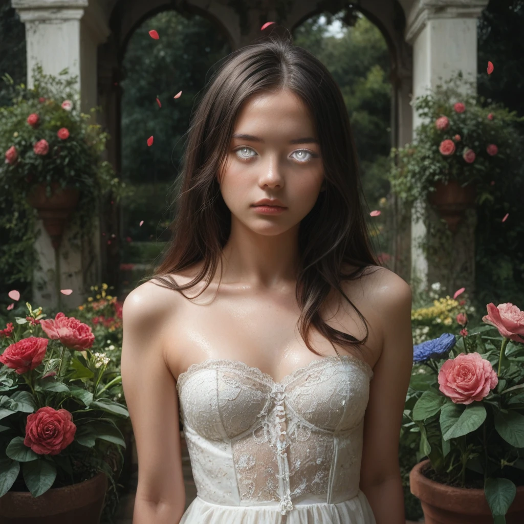 AlbedoBase XL 🎨 Dynamic, person, photorealistic, rose flowers scenery, 🔎 happy european woman in summer season