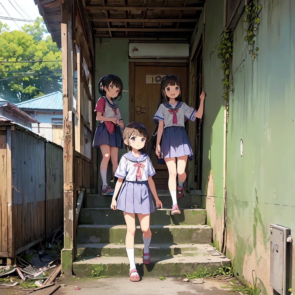 
(masterpiece、Detailed Anime)、((Three cute girls、Three elementary school girls、Summer clothes、にぎやかでfun))、( old and dirty stairs in the housing complex、Abandoned Port Town、General store、Battleship Island:1.2、Vending machines、garbage、Use waterways)、(Poor conditions)、(smile、fun)、smile、 Perfect Anatomy