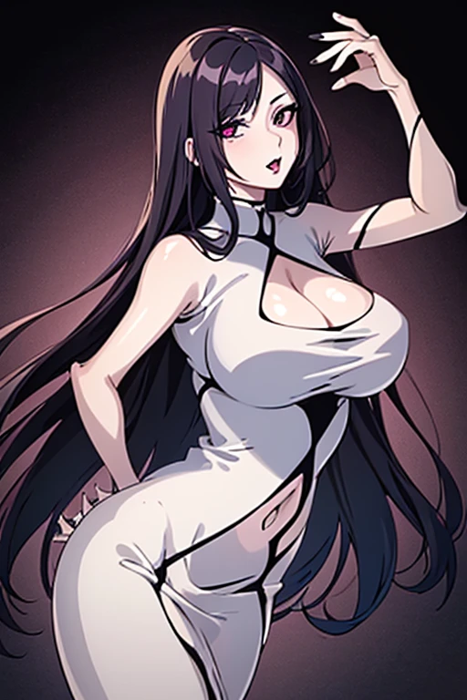 Fantasmatica waifu milf, with a long tight white dress , by the wide, ojos morados, black lipstick, long white hair blanco, big bust (adventure), high resolution 