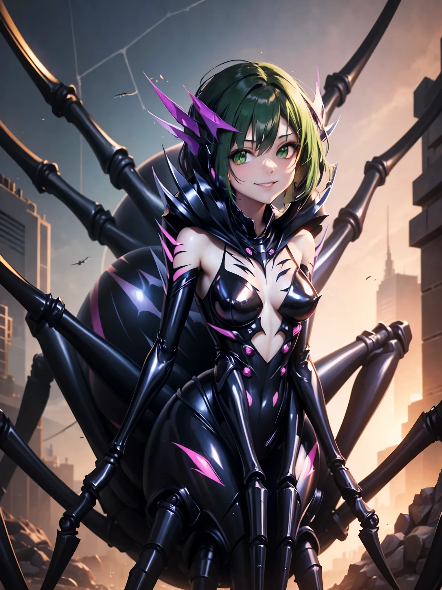 Arachne girl. mechanical Arachne. Glossy outfits. cyber style. Sharp claws. Spider. up image. Spider web.
