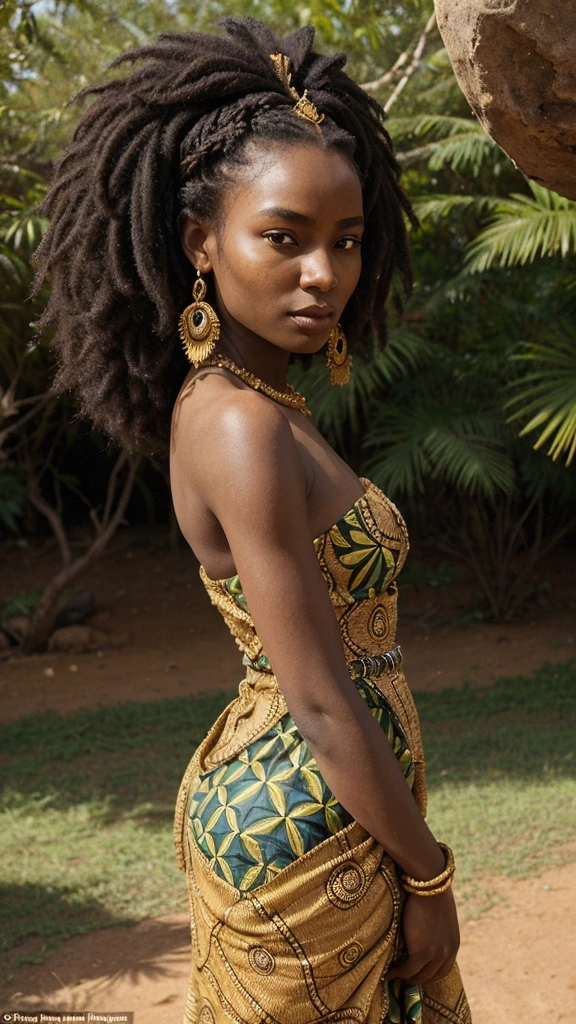 A beautiful African ebony woman with radiant, cocoa-colored skin, adorned with intricate tribal markings tracing her cheekbones, full lips, and almond-shaped eyes, her hair braided with colorful beads cascading down her back, wearing traditional attire woven with vibrant patterns and earthy tones, standing against a backdrop of lush green savannah grasslands dotted with acacia trees, the golden sun setting behind her, casting warm hues across the landscape, evoking a sense of pride and connection to her heritage, Photography, portrait shot with a prime lens (85mm f/1.8), --ar 16:9 --v 5