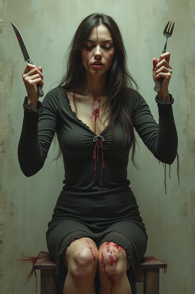 Undead sinner on her knees, forced oral sex, (oral rape:1.3), Sexual violence, hand on her head, holds her by the hair, (traces of beatings on her body:1.2), torn clothes, Sexual slavery, hellish torment, demon pissing on face